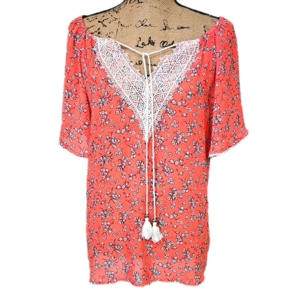 Democracy Boho Sheer Coral Lace Trimmed Blouse Size M